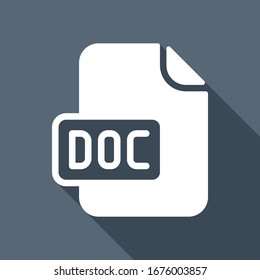 Computer file, doc symbol. White flat icon with long shadow on blue background