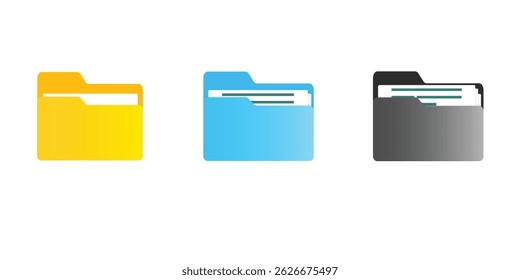 Computer file folder icons set. Colorful document folders. Office folder icons with documents. Folders for reports and important documents. Vector illustration.