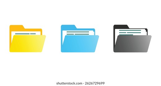 Computer file folder icons set. Colorful document folders. Office folder icons with documents. Folders for reports and important documents. Vector illustration.