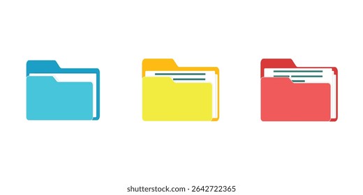 Computer file folder icons set. Colorful document folders. Office folder icons with documents. Folders for reports and important documents. Vector illustration.