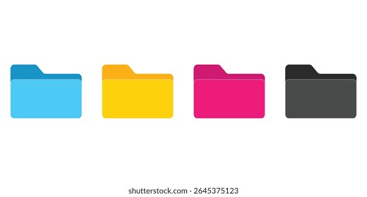 Computer file folder icons set. Colorful document folders. Office folder icons with documents. Folders for reports and important documents. Vector illustration.