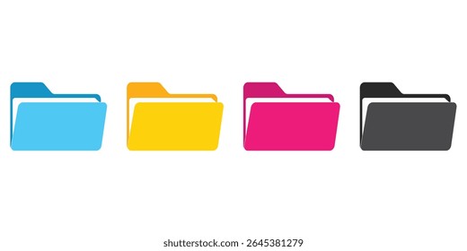 Computer file folder icons set. Colorful document folders. Office folder icons with documents. Folders for reports and important documents. Vector illustration.
