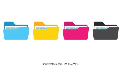 Computer file folder icons set. Colorful document folders. Office folder icons with documents. Folders for reports and important documents. Vector illustration.
