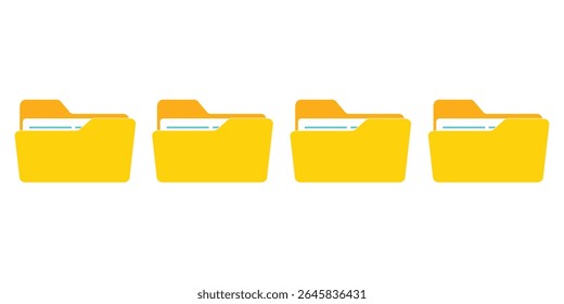 Computer file folder icons set. Colorful document folders. Office folder icons with documents. Folders for reports and important documents. Vector illustration.