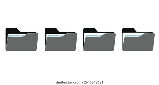 Computer file folder icons set. Office folder icons with documents. Folders for reports and important documents. Vector illustration.