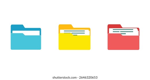 Computer file folder icons set. Colorful document folders. Office folder icons with documents. Folders for reports and important documents. Vector illustration.