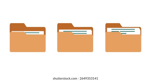 Computer file folder icons set. Office folder icons with documents. Folders for reports and important documents. Vector illustration.
