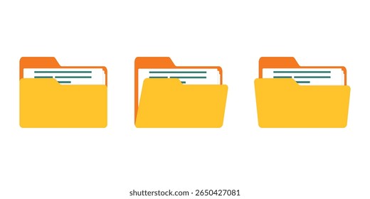 Computer file folder icons set. Document folders. Office folder icons with documents. Folders for reports and important documents. Vector illustration.