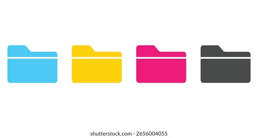 Computer file folder icons set. Colorful document folders. Office folder icons with documents. Folders for reports and important documents. Vector illustration.