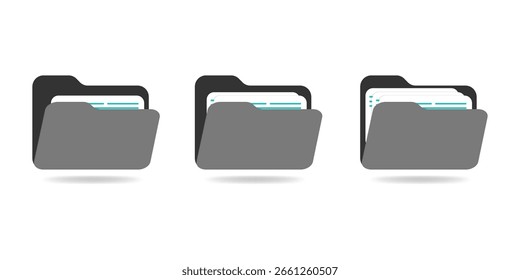 Computer file folder icons set. Colorful document folders. Office folder icons with documents. Folders for reports and important documents. Vector illustration.
