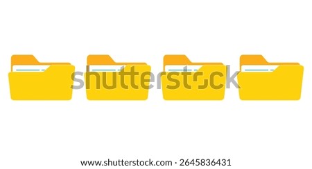 Computer file folder icons set. Colorful document folders. Office folder icons with documents. Folders for reports and important documents. Vector illustration.