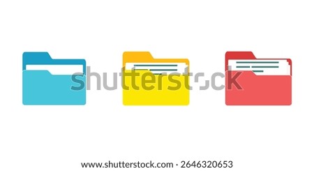 Computer file folder icons set. Colorful document folders. Office folder icons with documents. Folders for reports and important documents. Vector illustration.