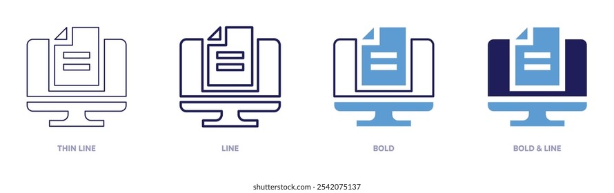 Icono de archivo de computadora en 4 estilos diferentes. Línea delgada, línea, negrita y línea negrita. Estilo duotono. Trazo editable.