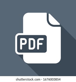 Computer file, pdf symbol. White flat icon with long shadow on blue background