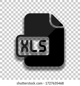 Computer file, xls symbol. Black glass icon with soft shadow on transparent background