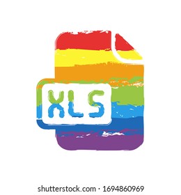 Computer file, xls symbol. Drawing sign with LGBT style, seven colors of rainbow (red, orange, yellow, green, blue, indigo, violet