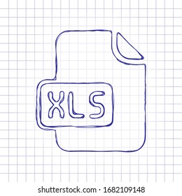 Computer file, xls symbol. Hand drawn picture on paper sheet. Blue ink, outline sketch style. Doodle on checkered background