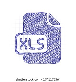 Computerdatei, xls-Symbol. Handgezeichnetes Bild mit Schreibenfüllung. Blau. Doodle auf weißem Hintergrund