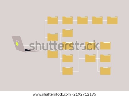 Computer files directory, folders organized in a system of storage