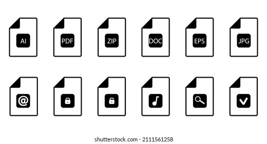 Computer files icon set. Document signs. Technology concept. Word mark. Simple design. Vector illustration. Stock image. 