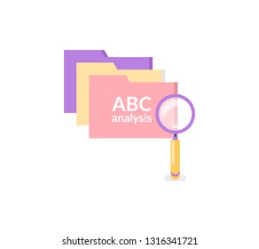 Computer files and search sign isolated icons. Vector folders investigation concept, magnifying glass and folders, color information storage symbols