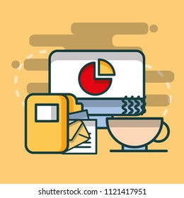 computer finance chart folder archive and coffee cup office