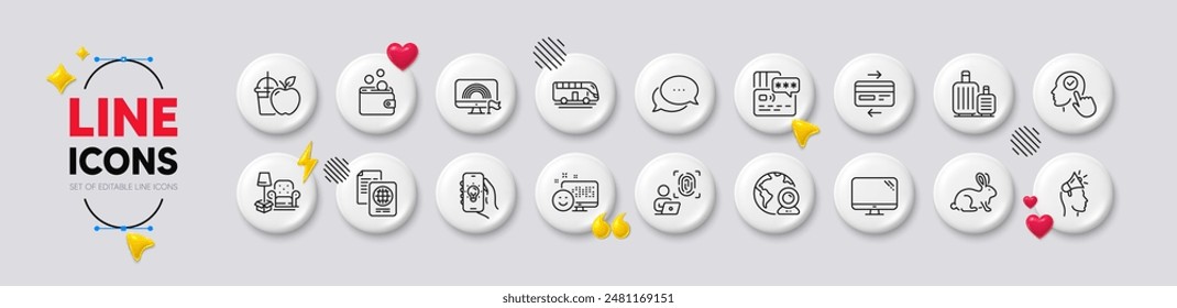 Iconos de línea de embajador de marca, huella digital de computadora y computadora. Iconos 3d de Botones blancos. Paquete de documento de pasaporte, App eléctrico, icono de equipaje. Cosas de embalaje, animales probados, pictograma de viaje en autobús. Vector