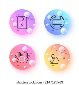 Computer fingerprint, Fake news and Employee hand minimal line icons. 3d spheres or balls buttons. Speakers icons. For web, application, printing. Biometric access, Wrong internet, Work gear. Vector
