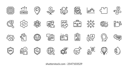 Huella digital de la computadora, inspeccionar y Portapapeles de iconos de línea. AI, pregunta y respuesta, iconos de pin de mapa. No hay alcohol, psicología, ícono de Web manual. Detección facial, píldora de la cápsula, pictograma del globo de aire. Vector