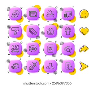 Computer fingerprint, Packing boxes and Engineering team line icons. App 3d buttons. Social media comment, share, like icons. Pack of Payment method, File management, Lounger icon. Vector