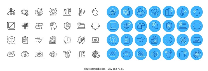 Paquete de iconos de huellas dactilares de computadora, área cuadrada y línea de vacuna contra el coronavirus. Vitamina de cobalamina, código Qr, ícono de Web del tamaño del paquete. Puzzle, Coronavirus, Metodología pictograma. Hidroelectricidad. Vector