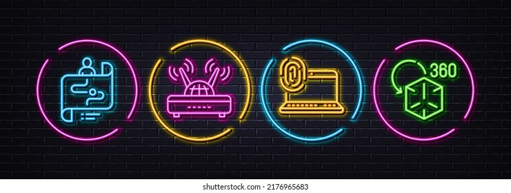 Computer fingerprint, Wifi and Journey path minimal line icons. Neon laser 3d lights. Augmented reality icons. For web, application, printing. Vector