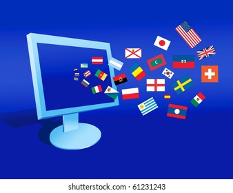 The computer and flags on a blue background