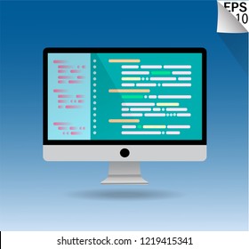Computer flat design icon, programming and code. vector illustrations