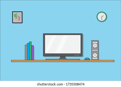 Computer flat design with keyboard, mouse, speaker, on a blue wall vector illustration.