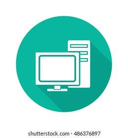 Computer flat design long shadow icon. PC screen and system unit. Vector silhouette symbol