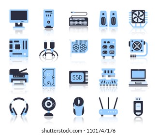 Computer flat icons set. Web sign kit of electronics. Gadget pictogram collection includes mouse, printer, webcam. Simple computer cartoon colorful icon symbol isolated. Vector Illustration