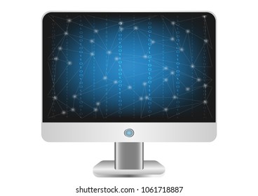 Computer flat screen desktop display technology background abstract binary on dark blue. computer isolated on white background vector illustrations