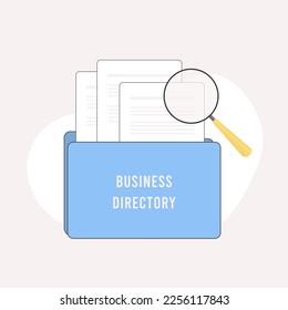 Computer folder with Business Directory label. Digital organizational system for storing and managing business-related information documents. Centralized location for storage, indexing of information