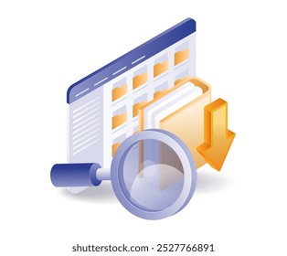 Ilustração isométrica de pesquisa de dados da pasta do computador