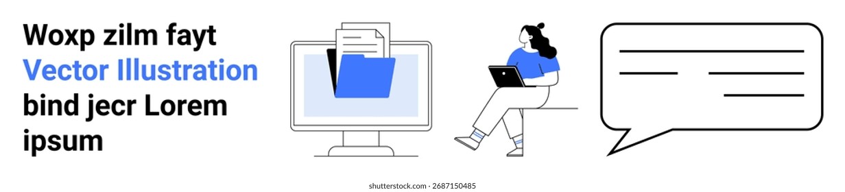 Computer with folder and documents, person using a laptop, speech bubble with text. Ideal for digital communication, online collaboration, document management, remote work, messaging, IT services