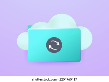 Computer Folder With File Sync Icon, Cloud. 3D Vector Cloud Storage Icon Concept Illustration