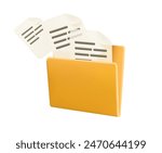Computer folder with files. 3D folder with document files. Vector Illustration. File transfer of document in folder, cloud storage, connection docs information migration. Access remote file documents