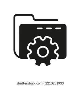 Computer Folder with Gear Silhouette Icon. Setting of Data Folder Black Icon. Options and Configuration of File or Document. Vector Isolated Illustration.