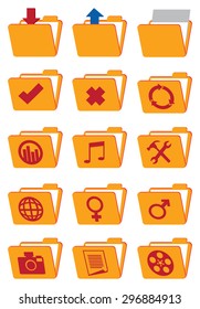 Computer folder icons in orange color with various conceptual symbols. Vector icon set isolated on white background. 
