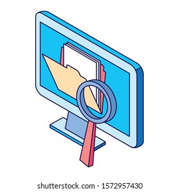 computer with folder and magnifying glass over white background, vector illustration