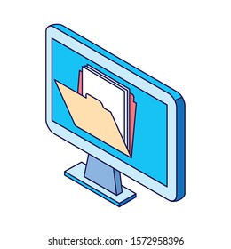 computer with folder on screen icon over white background, vector illustration