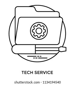 Computer folder stamped with gear and screwdriver, an icon for data processing