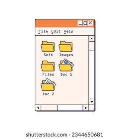 Carpetas de equipo, interfaz de ventana de los años 90. Almacenamiento de imágenes en escritorio, archivos de documentos en estilo digital retro, estética tecnológica de los años 2000. Ilustración vectorial gráfica plana aislada en fondo blanco