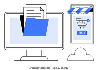 Computer with folders and documents, smartphone displaying online shopping cart, and cloud icon. Ideal for online shopping, digital document management, cloud storage, e-commerce, mobile commerce